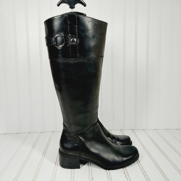 Anne Klein Evon Black Leather Slip On Block Heel Tall Winter Boots A890 - Picture 5 of 14